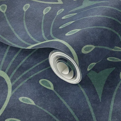 Spoonflower Peel And Stick Wallpaper Navy Blue Peacock Bird Feather Art Deco Dark Moody Dramatic Glamour Tile 2'