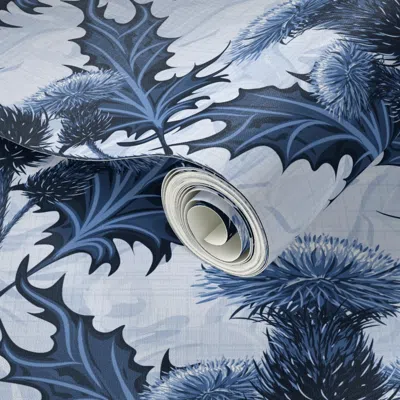 Spoonflower Peel And Stick Wallpaper Navy Blue Toile De Jouy Native Flowers Thistles Cottage Decor Scottish 2' X
