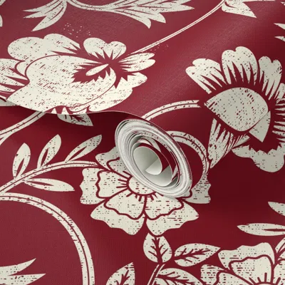 Spoonflower Peel And Stick Wallpaper Negative Block Print Burgundy Damask  Removable