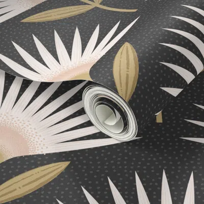 Spoonflower Peel And Stick Wallpaper Neutral Geometric Mid-century Sunburst Bloom Black Background 24" 2' X 12' 