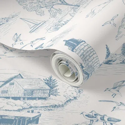 Spoonflower Peel And Stick Wallpaper New England Seaside Toile In Blue Mist Half Drop 2' X 12' Removable