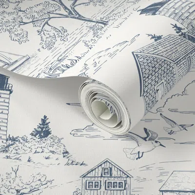 Spoonflower Peel And Stick Wallpaper New England Seaside Toile In Nautical Navy Blue 2' X 12' Removable