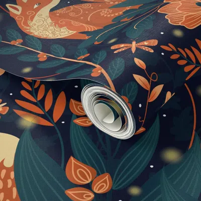 Spoonflower Peel And Stick Wallpaper Night Foxes Whimsical Garden  Removable In Blue