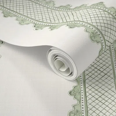 Spoonflower Peel And Stick Wallpaper No Overlap Clarabelle Soft Greens On Cross Hatched Cream(non 2' X 12' Remov