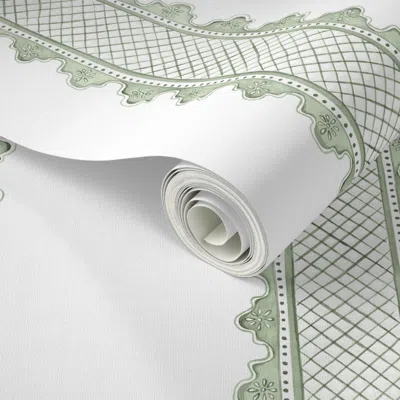 Spoonflower Peel And Stick Wallpaper No Overlap Custom Clarabelle Soft Greens On White(grasscloth) 2' X 12' Remo