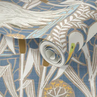 Spoonflower Peel And Stick Wallpaper No.1. Custom Request Watching Cranes With Less Tealish Blue - Jumbo Scale 2