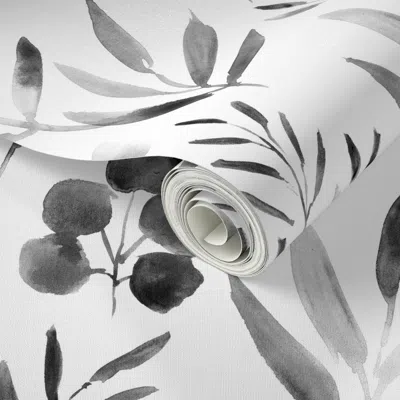 Spoonflower Peel And Stick Wallpaper Noir Urban Jungle Watercolor Black And White Leaves For Modern Scandi 2' X  In Multi