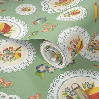 Spoonflower Peel And Stick Wallpaper Nonnie's Kitchen - Nonnie's Kitchen Collection (green) 2' X 12' Removable