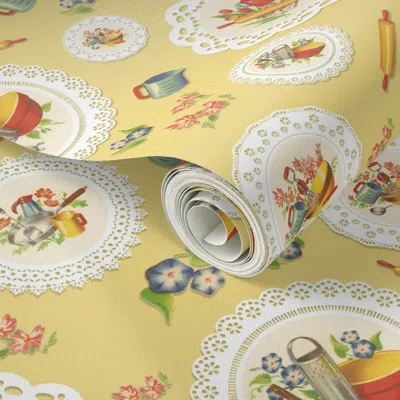 Spoonflower Peel And Stick Wallpaper Nonnie's Kitchen - Nonnie's Kitchen Collection (yellow) 2' X 12' Removable In Multi