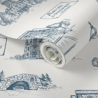 Spoonflower Peel And Stick Wallpaper Notre Dame  In Vintage Toile Design Ivory & Blue 2' X 12' Removable