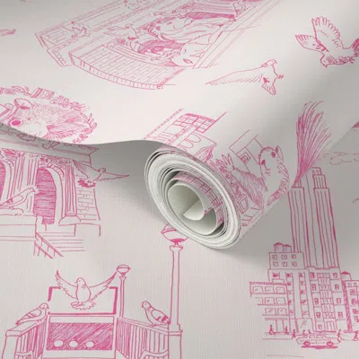 Spoonflower Peel And Stick Wallpaper Nyc Squirrels And Pigeons Toile Hot Pink 2' X 12' Removable