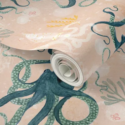 Spoonflower Peel And Stick Wallpaper Octopus - Blush - Soft Ocean Creatures Drifting In A Gentle Coastal Calm 2' In Multi