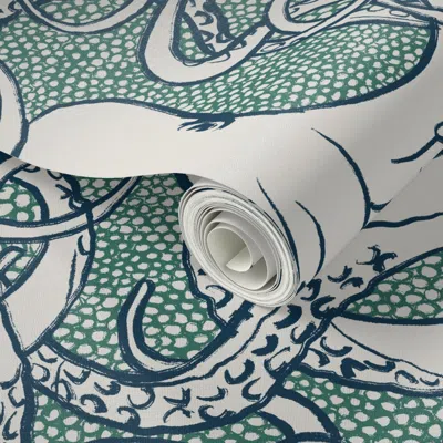 Spoonflower Peel And Stick Wallpaper Octopus Line Art - Navy Over Green Bubbles (l)  Removable