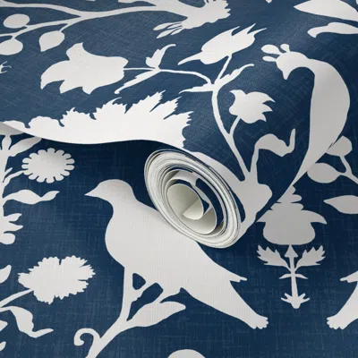 Spoonflower Peel And Stick Wallpaper Oiseaux // Navy Linen 2' X 12' Removable In Blue