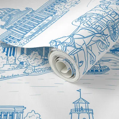 Spoonflower Peel And Stick Wallpaper Okc Toile Blue Alexa's Illustrations (large) 2' X 12' Removable