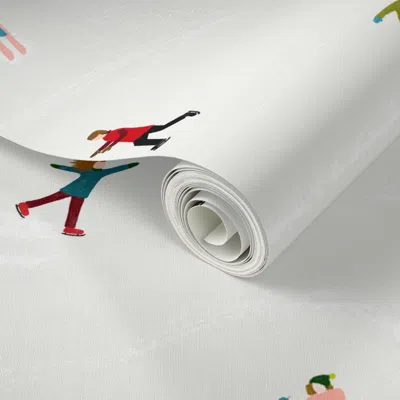 Spoonflower Peel And Stick Wallpaper On The Snow - Medium - White - Cozy Winter Tiny Skiers Snowboarders 2' X 12