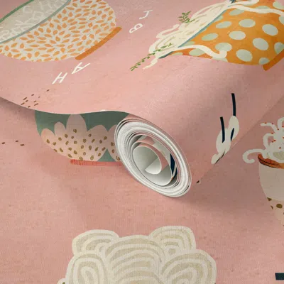 Spoonflower Peel And Stick Wallpaper Oodles Of Noodles - Large - Pink - Playful Ramen Bowls Fun Food Kitchen Art