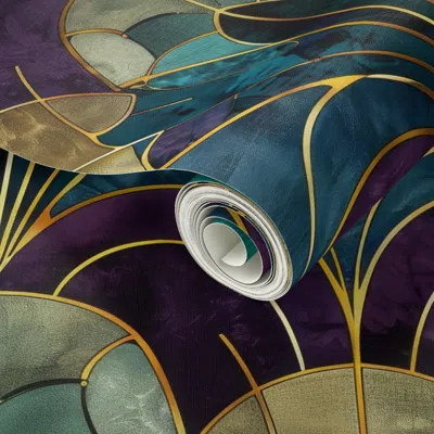 Spoonflower Peel And Stick Wallpaper Opulent Art Deco Arches In Violet Teal Metallic Gold 2' X 12' Removable