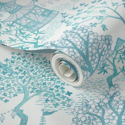 Spoonflower Peel And Stick Wallpaper Pagoda Forest In Turquoise And Aqua 2' X 12' Removable