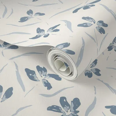 Spoonflower Peel And Stick Wallpaper Painted Florals Dusk Blue In Alabaster White - Jumbo Scale 2' X 12' Removab