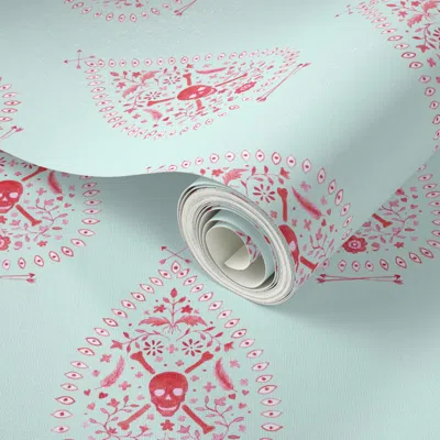 Spoonflower Peel And Stick Wallpaper Paisley Is Dead Aqua On Coral  Removable