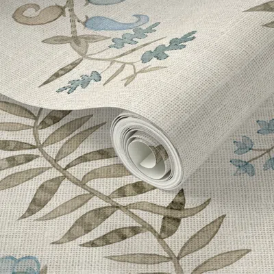 Spoonflower Peel And Stick Wallpaper Pallavi Brown Blue Linen 2' X 12' Removable