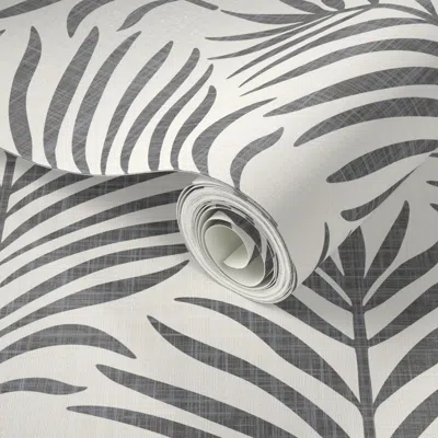 Spoonflower Peel And Stick Wallpaper Palm Frond Accent Wall - Modern Tropical Leaf Charcoal Black And White  Rem