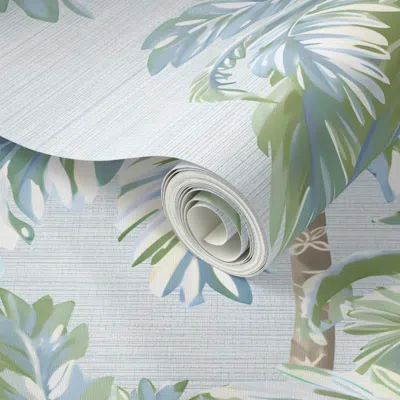 Spoonflower Peel And Stick Wallpaper Palm Grove Canopy On French Blue Light-line Grasscloth - Straight Repeat  R