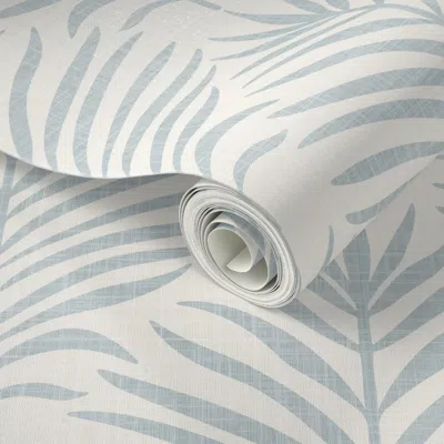 Spoonflower Peel And Stick Wallpaper Palm Leaves Accent Wall - Coastal Botanical Cream White Blue Linen 2' X 12'