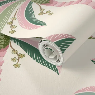 Spoonflower Peel And Stick Wallpaper Palm Springs Classic Palm Stripes -pink Green Ivory -large 2' X 12' Removab