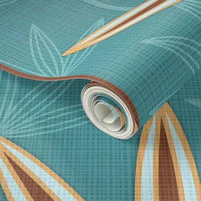 Spoonflower Peel And Stick Wallpaper Palm Springs Damask () Teal Xlarge Palm Trees Mid Mod Mid Century 2' X 12' 