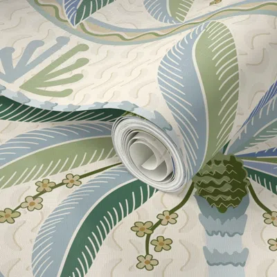 Spoonflower Peel And Stick Wallpaper Palm Springs Palm Trees Mid Mod Wavy Stripes -blue Green -large 2' X 12' Re In Neutral