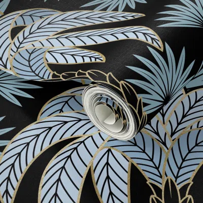 Spoonflower Peel And Stick Wallpaper Palm Tree And Flamingo - Art Deco Tropical Damask - Black Light Blue -large