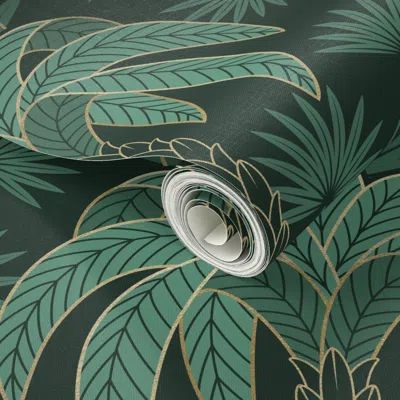 Spoonflower Peel And Stick Wallpaper Palm Tree And Flamingo - Art Deco Tropical Damask -deep Emerald Green-large
