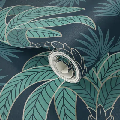 Spoonflower Peel And Stick Wallpaper Palm Tree And Flamingo - Art Deco Tropical Damask - Navy Blue Gold - Large 