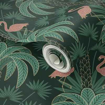 Spoonflower Peel And Stick Wallpaper Palm Tree And Flamingo - Art Deco Tropical Damask-deep Emerald Green-medium In Multi
