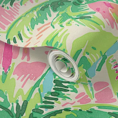 Spoonflower Peel And Stick Wallpaper Palm Tree Pattern Coastal Southern Tropical Home Pink Green Orange Aqua  Re
