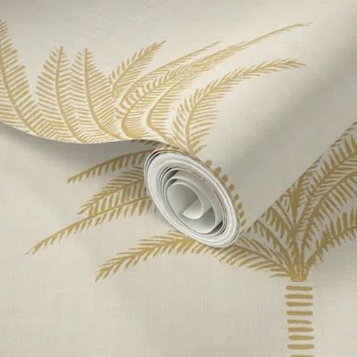 Spoonflower Peel And Stick Wallpaper Palm Tree Sketch Dense Stripe Textured - Mono Mustard Yellow Cream  Removab