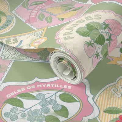 Spoonflower Peel And Stick Wallpaper Pantry Delights - Vintage Fruit Preserves Labels - Green - 24 2' X 12' Remo