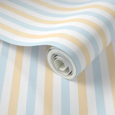 Spoonflower Peel And Stick Wallpaper Pastel Baby Blue Butter Yellow & White Half Inch Stripes Nursery Classic  R In Multi
