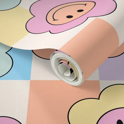 Spoonflower Peel And Stick Wallpaper Pastel Smiley Face Flowers On Checks Colorful Bold Playful Fun Boho Kids 2'