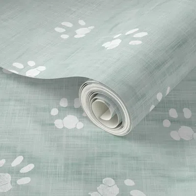 Spoonflower Peel And Stick Wallpaper Paw Prints On Shibori Linen In Sea Mist (xl Scale) Block Paws Cat Pawn 2' X In Gray