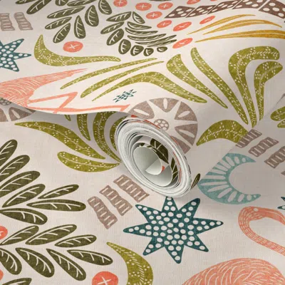 Spoonflower Peel And Stick Wallpaper Peach Flamingo And Chartreuse Palm Tree Arts And Crafts Tropical Coconuts 2