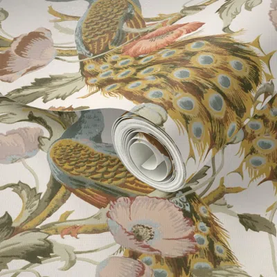 Spoonflower Peel And Stick Wallpaper Peacock And Poppies Perfect Victorian Glamour For Heritage English Cottage 