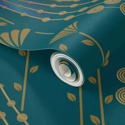 Spoonflower Peel And Stick Wallpaper Peacock Art Deco Dark Teal 2' X 12' Removable