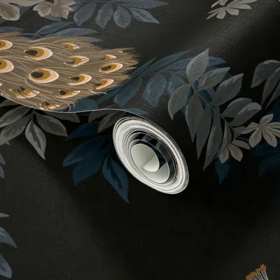 Spoonflower Peel And Stick Wallpaper Peacock Garden (large Scale) - Black & Burnt Sienna 2' X 12' Removable In Multi