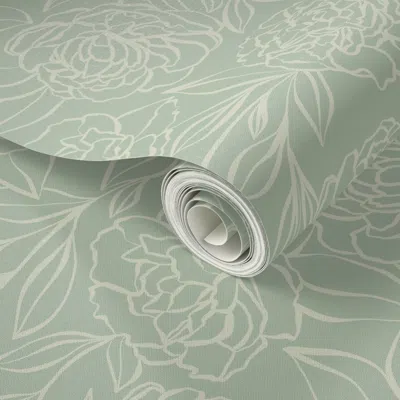 Spoonflower Peel And Stick Wallpaper Peony Garden - Sage Green- Large Scale 2' X 12' Removable In Multi