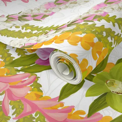 Spoonflower Peel And Stick Wallpaper Pikake Pink Lokelani Pink Plumeria Light Sage Outline On White  Removable
