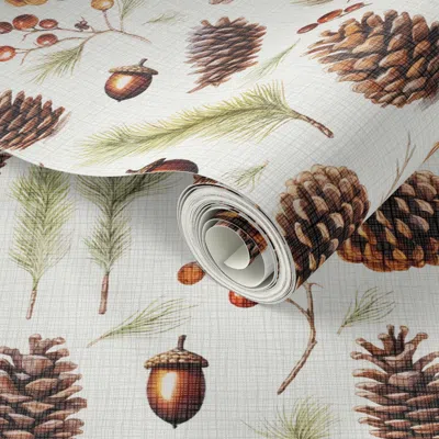 Spoonflower Peel And Stick Wallpaper Pinecone Acorn Pine Sprig Woodsy Fall Leaves Autumn Berries Botanical 2' X 