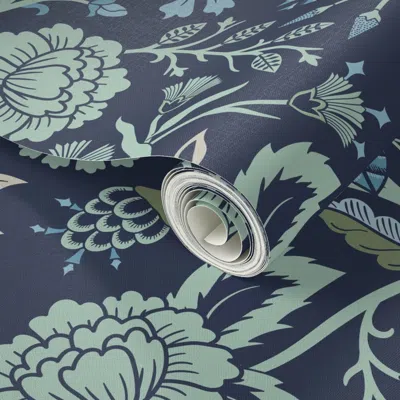 Spoonflower Peel And Stick Wallpaper Pollinator Dragons Traditional Fantasy Floral Geek Navy Blue Aqua -jumbo 2'